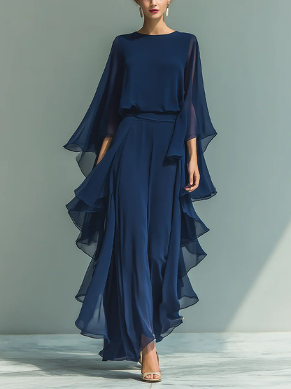 COMPLETO ELEGANTE IN CHIFFON CON VOLANT